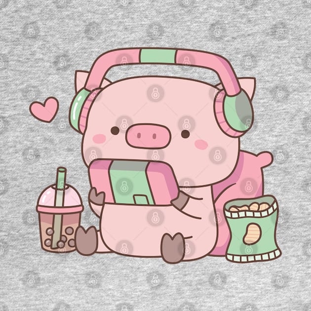 Cute Pig Gamer With Headphones and Snacks by rustydoodle